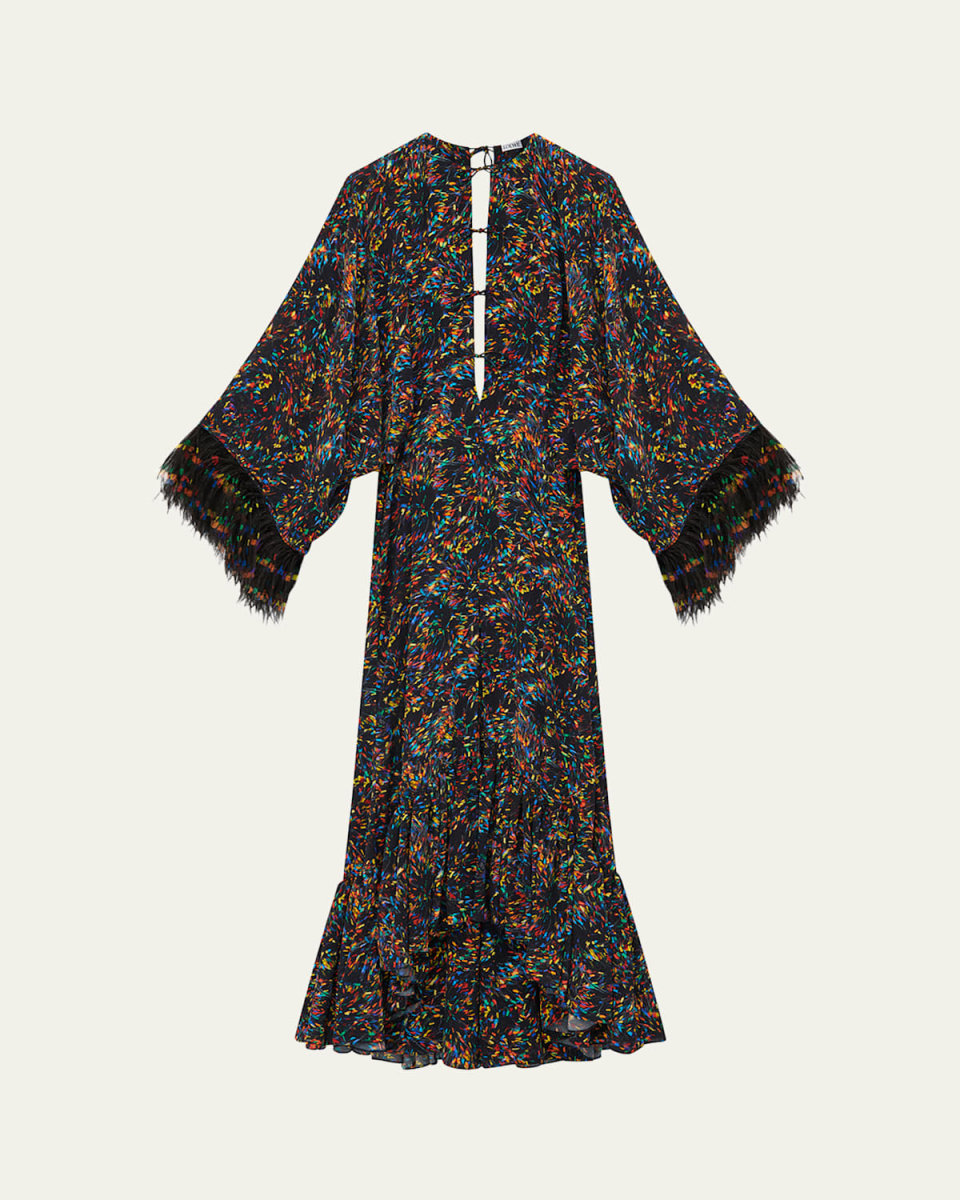 Printed Feather Trim Dress